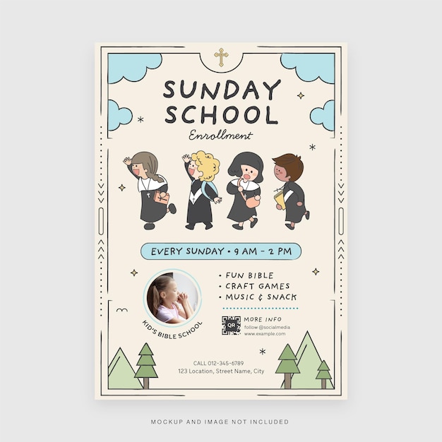 Kids Christian Education Sunday Bible Study Flyer Template in Vector