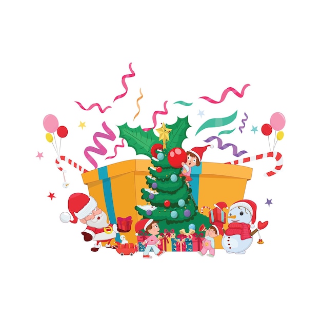 Kids on Christmas day decorate the charismas tree, Cute girl wearing a Christmas hat vector.