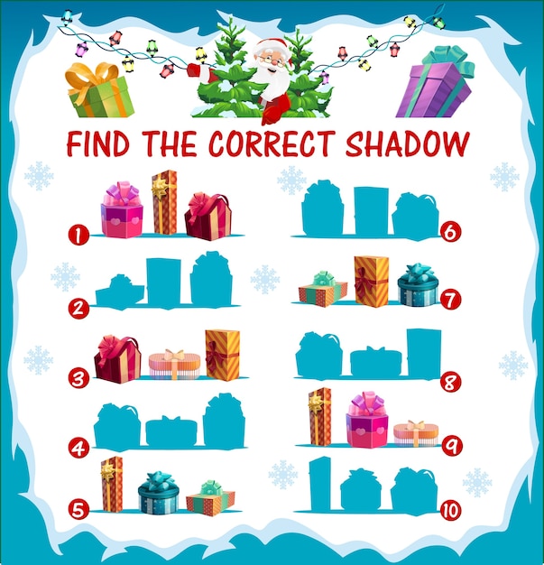Kids christmas riddle, find correct shadow game with christmas gifts silhouettes. children matching game, maze with wrapped presents, giftboxes decorated ribbon bow and santa character cartoon