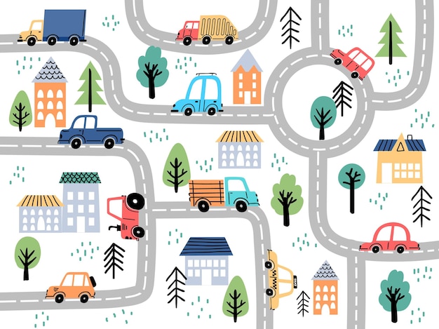 Vector kids city map with roads and cars for children nursery decor. village or town street maze for carpet. cartoon board game vector background. driving tractor, truck and taxi automobiles