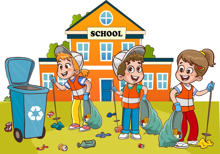 वेक्टर kids clean up garden or park from garbage volunteers collecting plastic bottles and cans