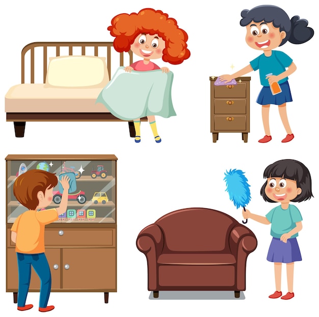 Vector kids cleaning cartoon characters collection