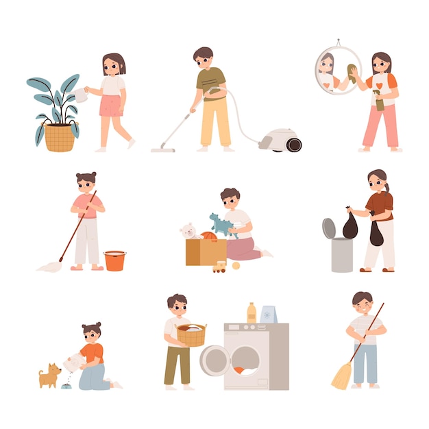 Kids cleaning at home vacuuming and washing Little girl cares dog boy collect toys in box and sweep with broom Snugly cartoon vector characters