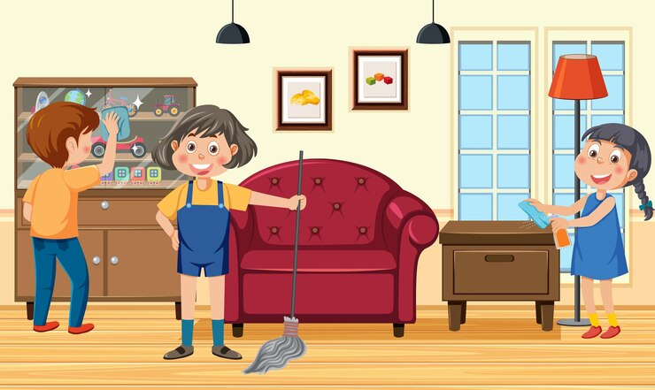 Vector kids cleaning room together