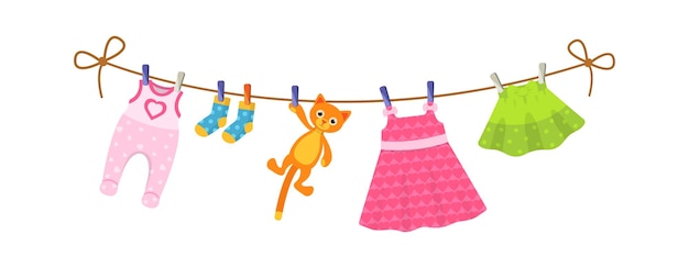 Kids clothes on clothesline Drying children's clothes and accessories after washing on a rope Baby clothes for newborn girl infant Romper socks dress kid skirt plush cat Vector cartoon