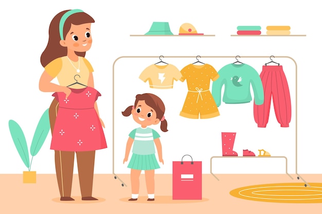 Магазин детской одежды мультяшная девочка с мамой в бутике семейный шоппинг мама помогает дочери выбрать платье ребенок и родитель покупают одежду вешалка для одежды с вешалкой вектор милый ребенок примеряет одежду