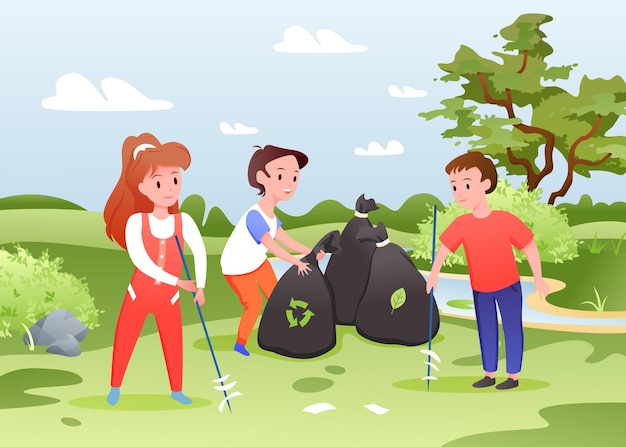 Kids collect garbage, children work. Cartoon group of boy and girl child characters sort plastic or paper garbage, collecting rubbish waste in bags, cleaning city park