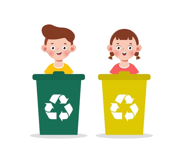 Дети собирают мусор для переработки, детский раздельный мусор, переработка мусора, спасение мира, вектор