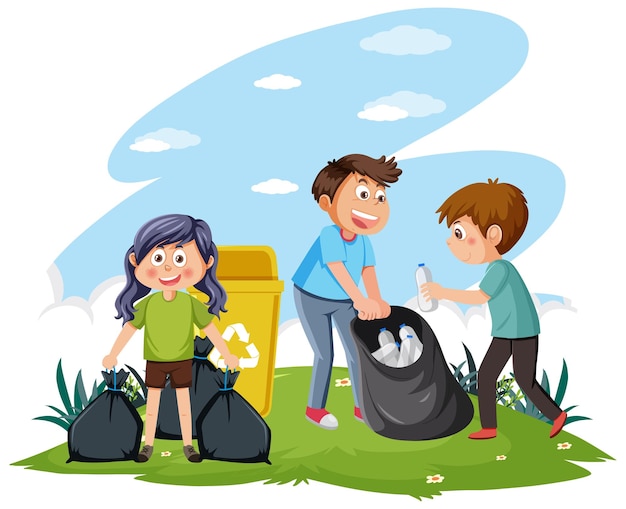 Premium Vector | Kids collecting trash together