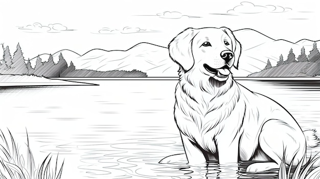 Vector kids color book golden retriever in a lake