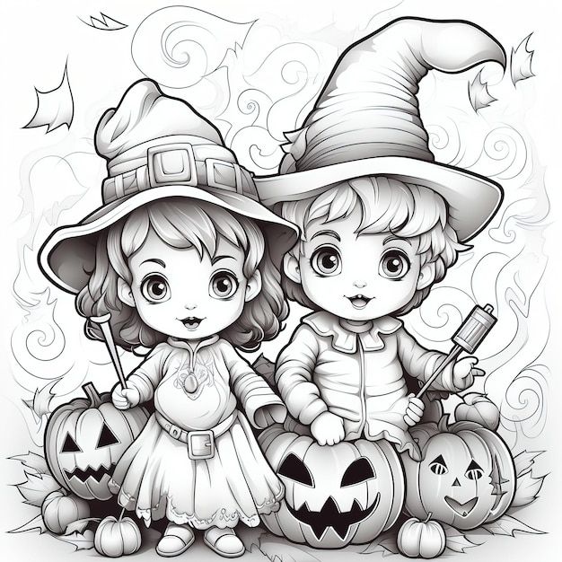 kids color book helloween and a baby girl and baby boy with a magic wand