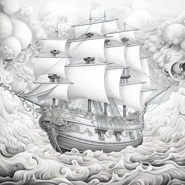 kids color book rococo ships on the sea floating on swirling clouds