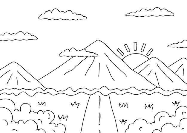 Vector kids coloring doodle handdrawn illlustration landscape view