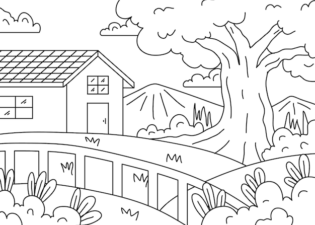 Vector kids coloring doodle handdrawn illlustration landscape view