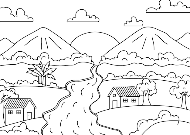 Kids Coloring doodle handgetekende illustratie landschapsmening