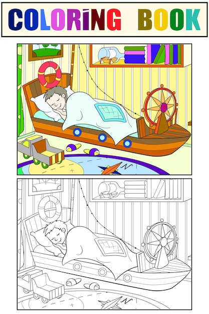 Kids coloring on the theme of childhood room illustration Black white and color