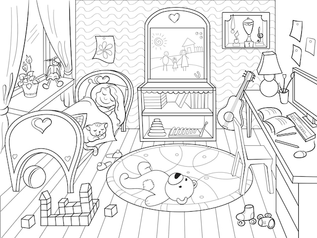 Kids coloring on the theme of childhood room