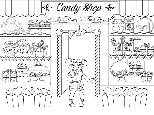 Kids coloring vector girl in candy shop