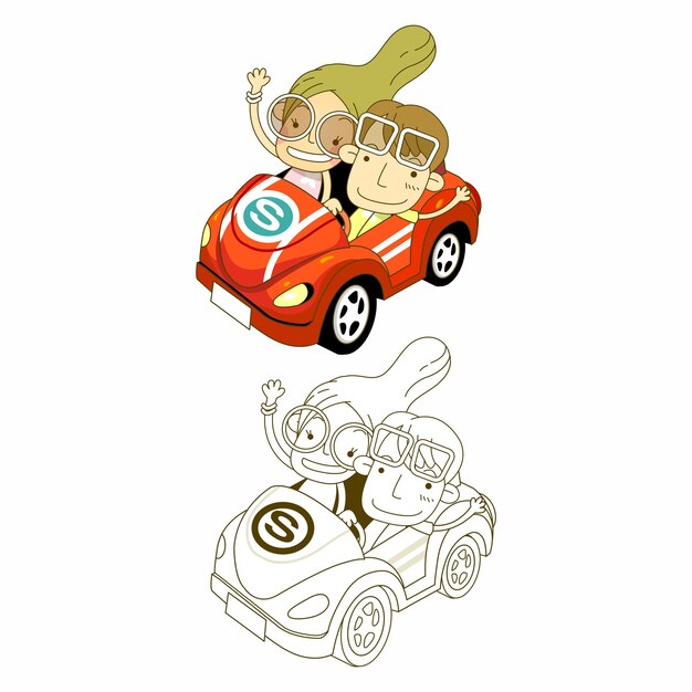 Вектор Детская пара в автомобильном мультфильме