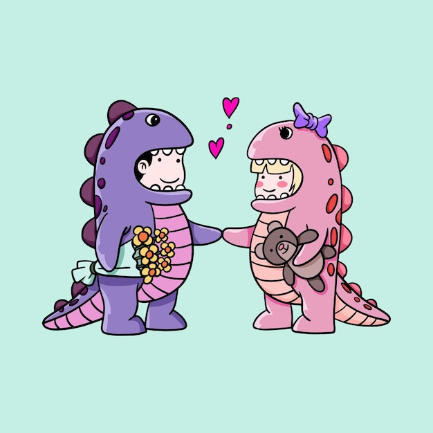 Kids Couple Wearing Dinosaur Suit And Love Each Other