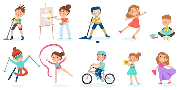 Hobby creativi e sportivi per bambini bambino musicista ballerino artista lettura pittura sport e danza hobby illustrazione vettoriale set attività per bambini della scuola materna