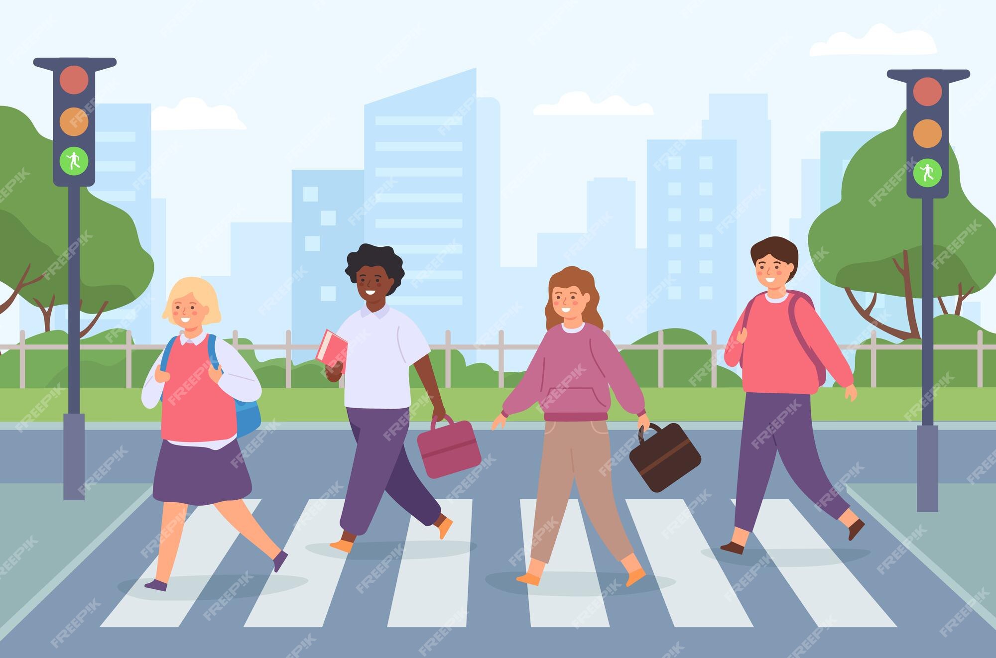 Cute School kids with backpack walking crossing road near traffic light on  zebra crossing on the way to school 9295319 Vector Art at Vecteezy