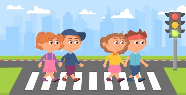 Vector kids on crosswalk kid street crossing student on road green traffic light safety in town cartoon children walk together education decent vector concept