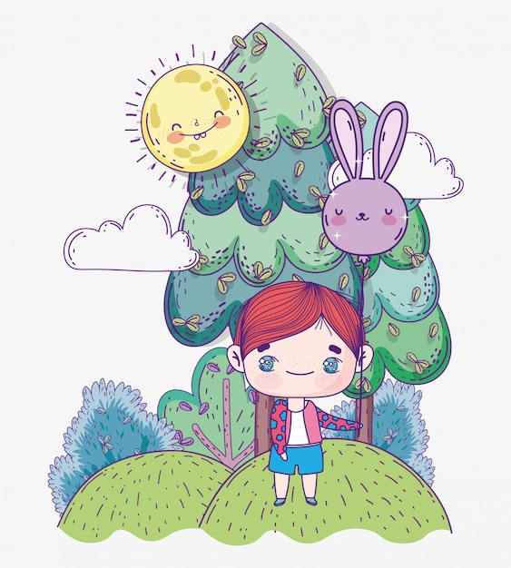 Kids, cute little boy with balloon shaped rabbit landscape