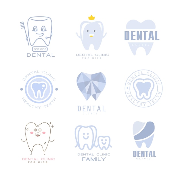 Kids Dental Clinic And Dentist Cabinet Set Of Label Templates In Different Creative Styles And Light Blue Shades