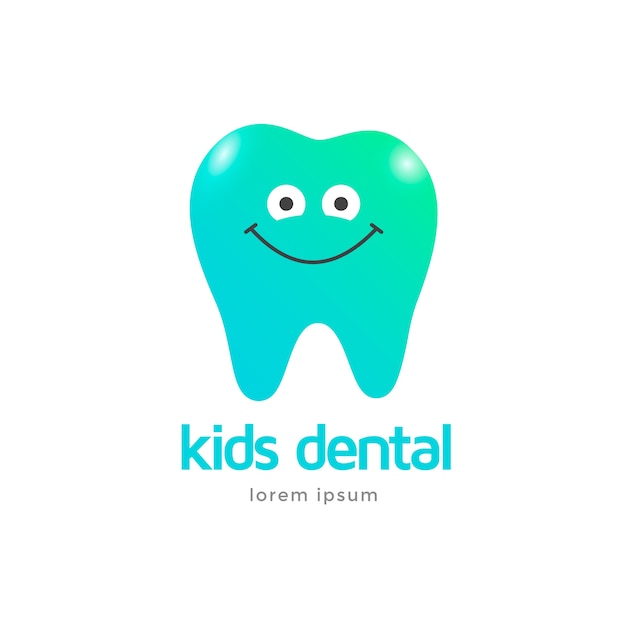 Modello di logo di clinica dentale per bambini. icona carattere dente sorridente.