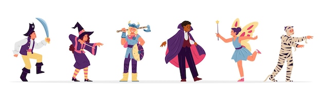 Kids in different Halloween costumes. Pirate, witch, viking, vampire, fairy, mummy.