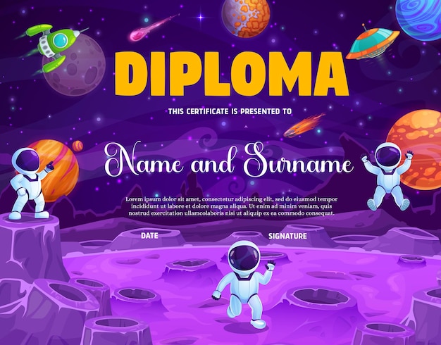 Kids diploma cartoon astronaut on space planet