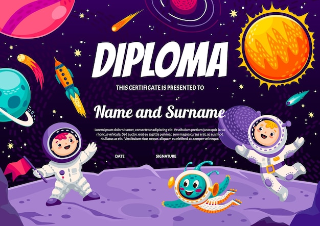 Kids diploma cartoon astronauten en alien op planeetoppervlak vector certificaatsjabloon School of kleuterschool award certificaat diploma met kid spaceman en alien in ruimte planeet met raketten