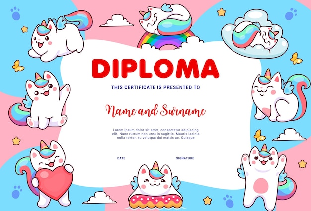 Kids diploma Cartoon caticorn cats and kitten characters with rainbow on sky vector education certificate School graduation diploma student award or gift with cute kawaii unicorn cats personages