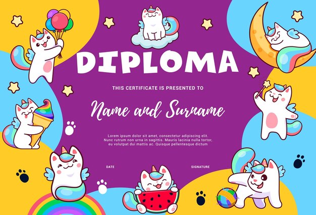 Kids diploma Cartoon cute caticorn cats and kitten characters certificate background frame Vector school graduation diploma or award with funny unicorn cat animals personages rainbow and balloons