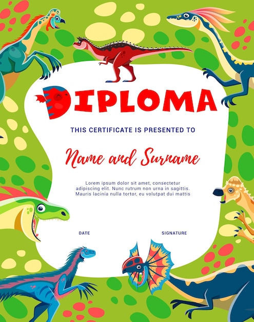 Cornice di personaggi dei dinosauri dei cartoni animati diploma per bambini