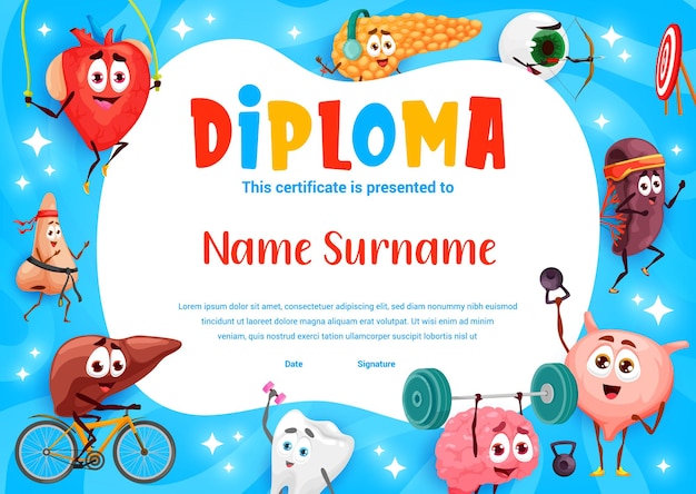 Vector kids diploma cartoon funny human organs sportsmen