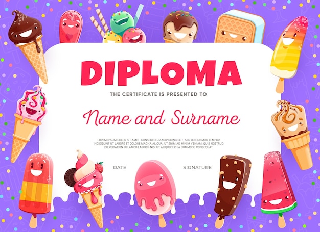 Kids diploma cartoon grappige ijsdesserts