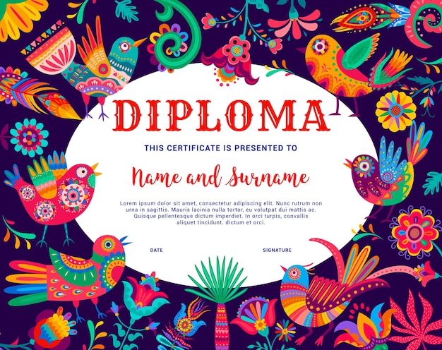 Kids diploma, cartoon Mexican hummingbird alebrije