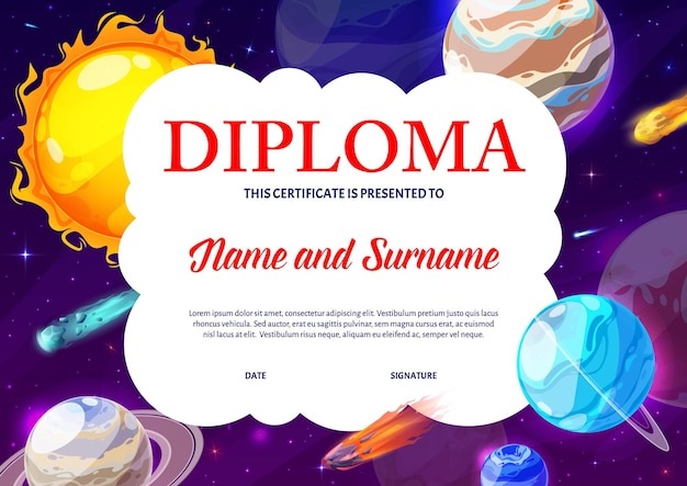 Kids diploma cartoon space planets and stars