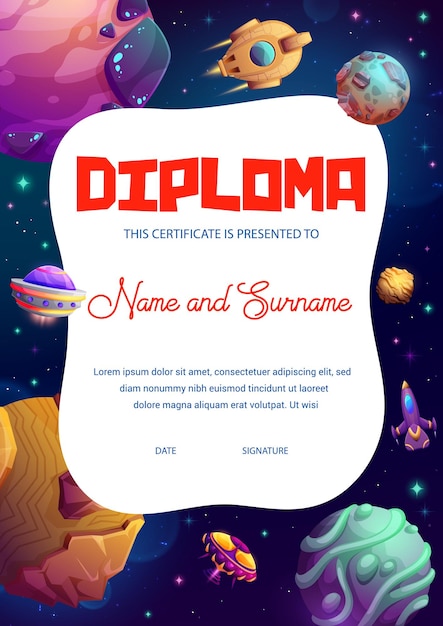 Kids diploma cartoon starships and space planets