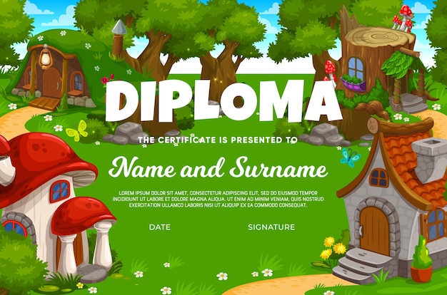 Kids diploma cartoon stone mushroom stump houses