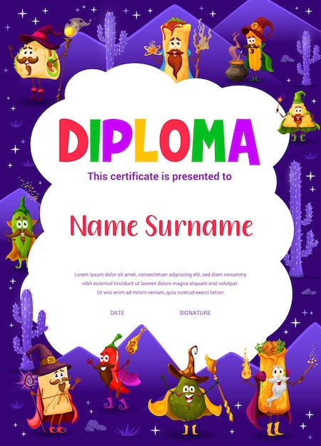 Kids diploma cartoon Tex Mex Mexican food wizards