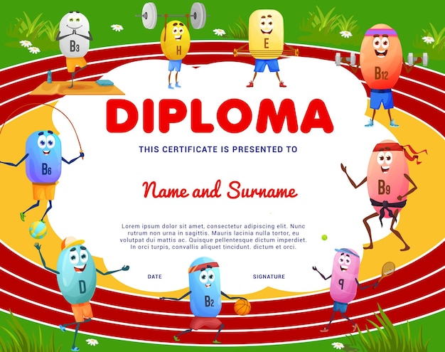 Kids diploma cartoon vitamines op sportarena