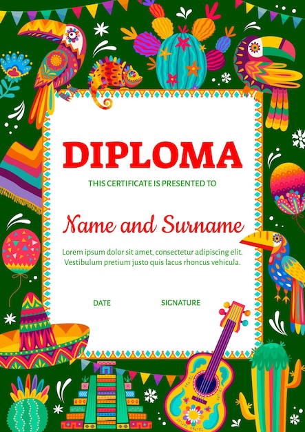 Kids diploma certificate mexican sombrero cacti