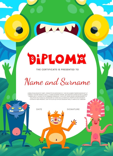 Kids diploma certificate with monster characters