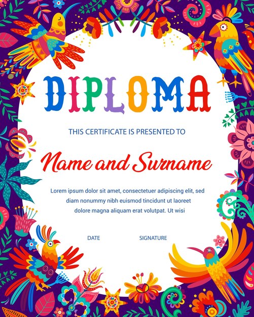 Kids diploma mexican hummingbird parrot flowers