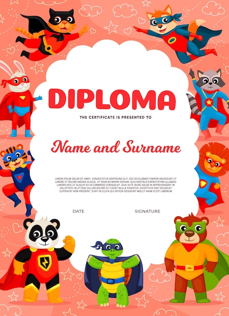 Kids diploma for superhero with animal characters