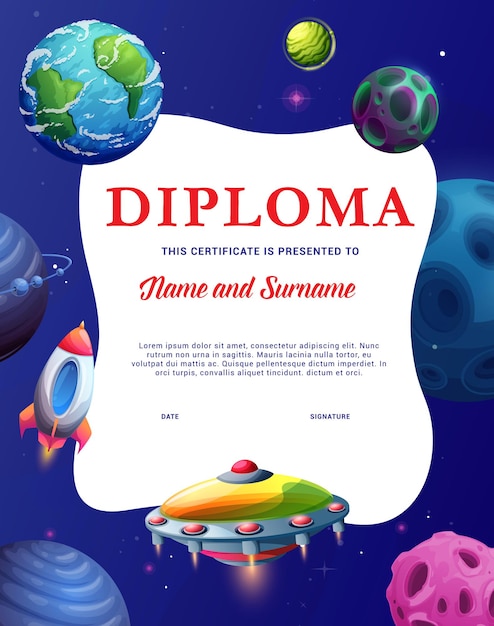 Kids diploma, UFO rocket in fantastic galaxy space