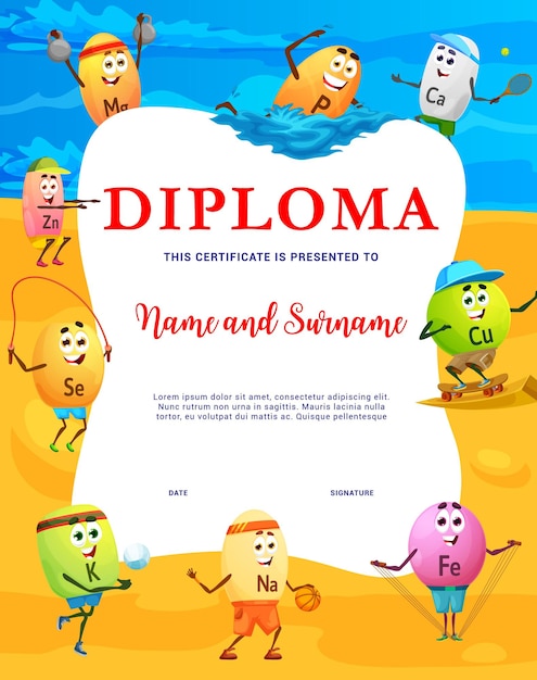 Kids diploma vitamin characters on summer beach